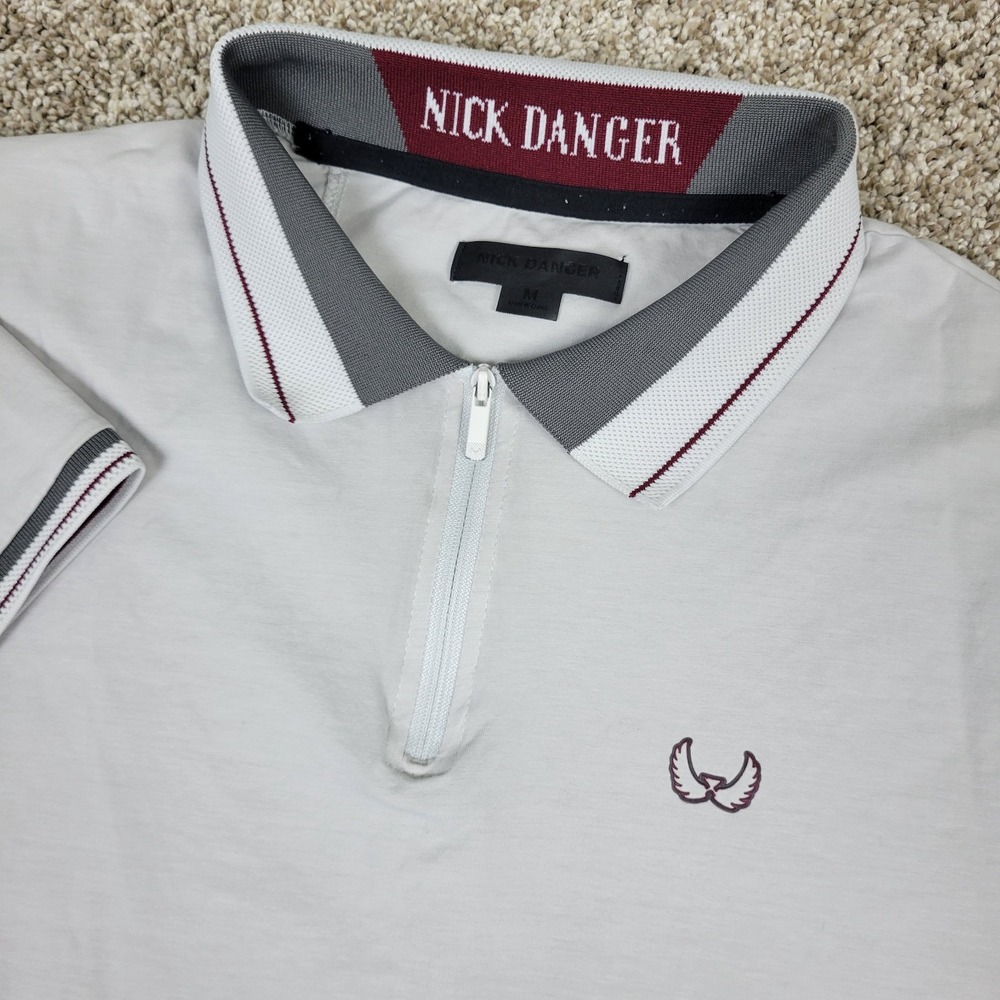 Nick Danger Mens Medium Solid White Performance Stretch Quarter Zip Polo SS